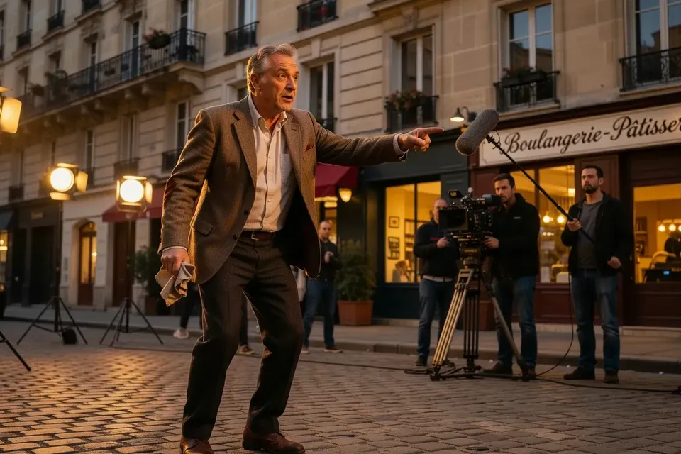 Acteur comédien français dans une scène de comédie conjugale, tournage en intérieur