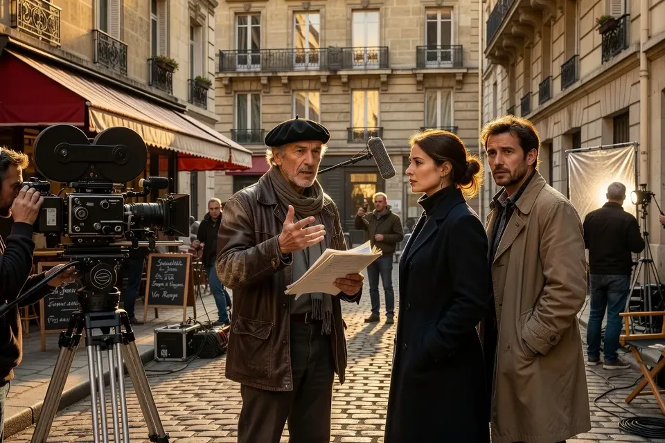 Tournage de film à Paris, réalisateur et acteurs discutant d'une scène, caméra 35mm