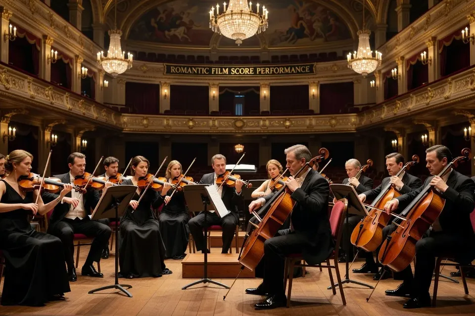 Orchestre de musiciens interprétant une partition romantique, salle de concert élégante