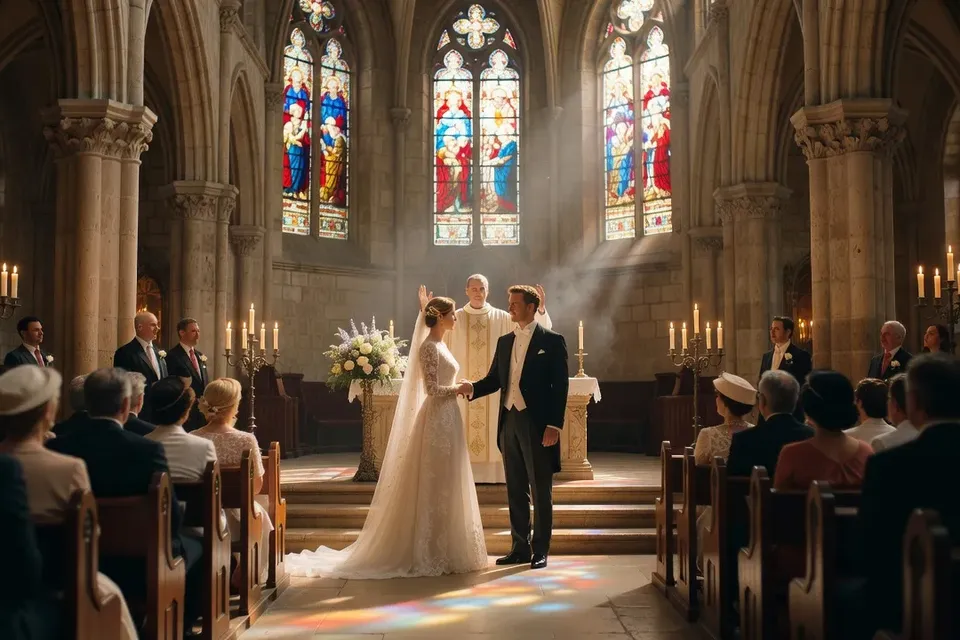 Cérémonie de mariage à l'église française, cadrage cinématographique élégant et intimiste
