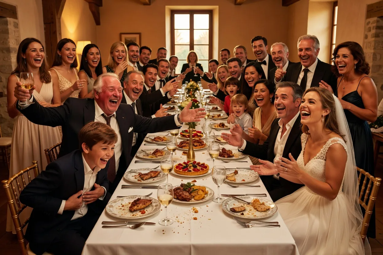 Scène de comédie romantique française, mariage à l'écran, ambiance joyeuse