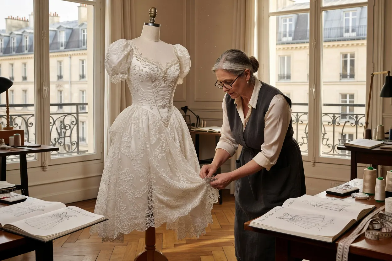 Robe de mariée vintage inspirée du cinéma français, atelier de couturier