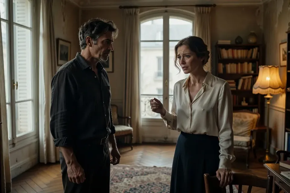 Couple français dans une scène de tension dramatique, appartement parisien, lumière naturelle
