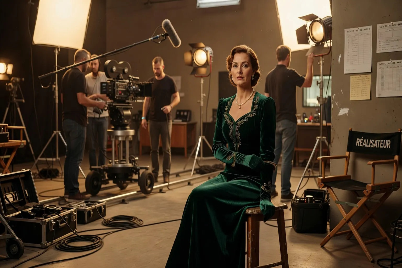 Tournage de film français contemporain, actrice en costume de scène