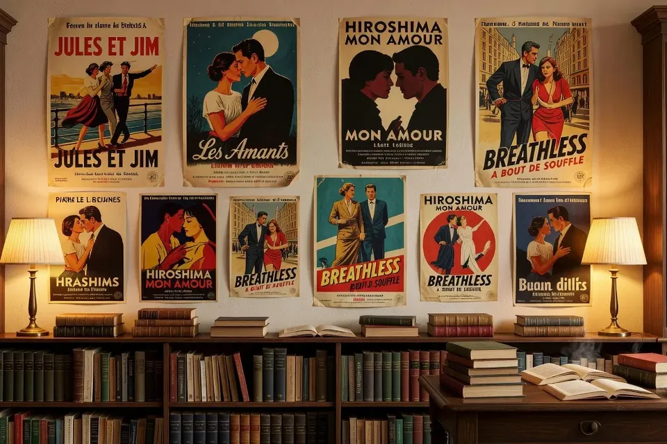 Mur d'affiches de films français sur le couple, ambiance cinéphile chaleureuse