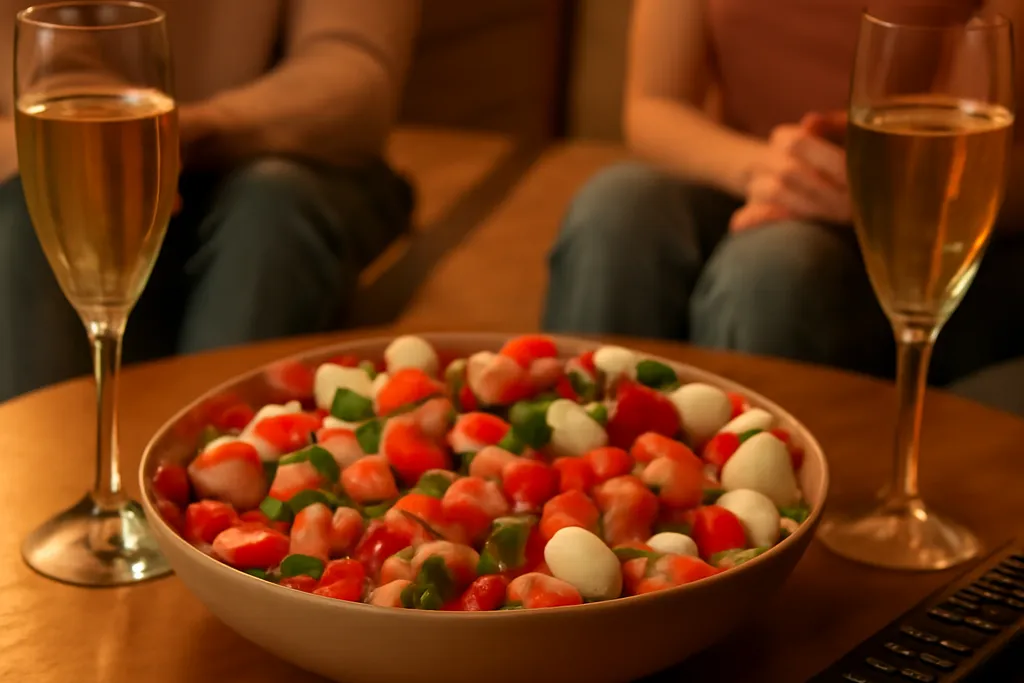 Soirée cinéma cosy à thème mariage entre amis, coussins et guirlandes lumineuses