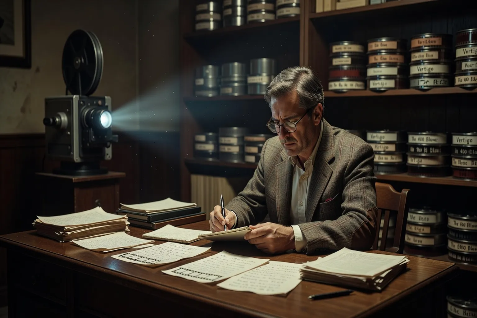 Critique de cinéma en entretien, bibliothèque et affiches de films en arrière-plan