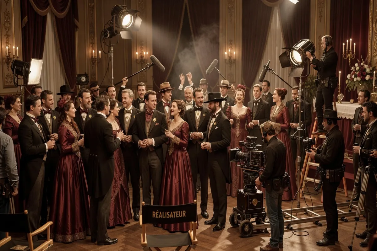 Photographe de plateau capturant les coulisses d'une scène de mariage au cinéma français, figurants et équipe technique en arrière-plan