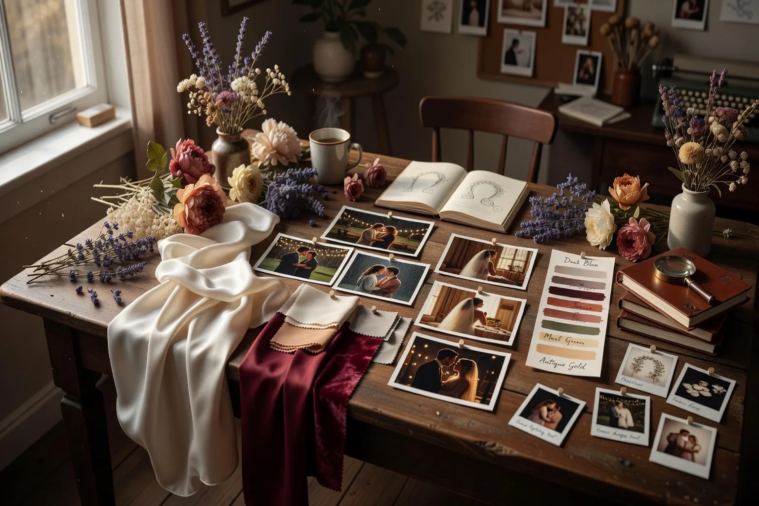 Wedding planner en consultation avec un couple, tableau de mood board cinéma, bureau élégant