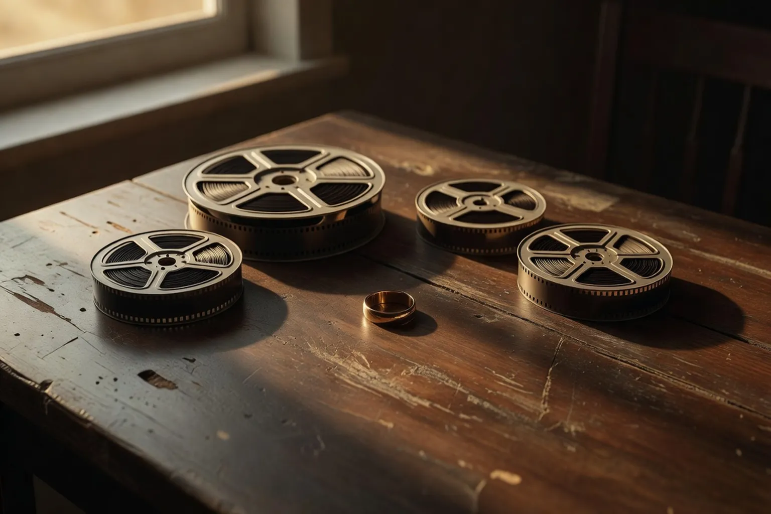 Bobines de film 35mm et alliance de mariage posées sur une table en bois