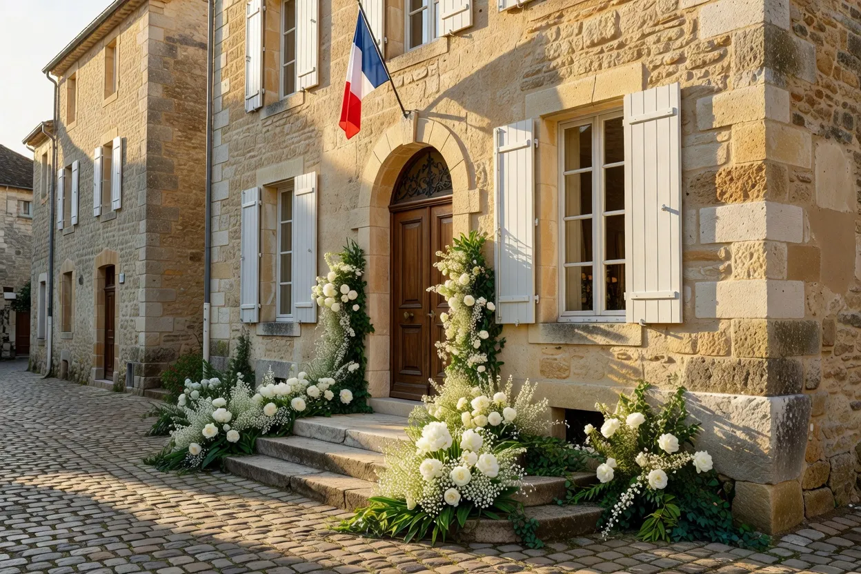 Château français élégant au coucher du soleil, lieu de tournage de mariage