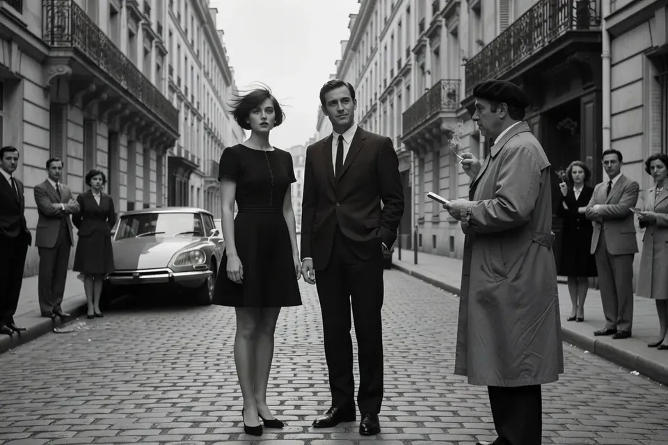 Scène de mariage dans le style de la Nouvelle Vague française, composition élégante en noir et blanc