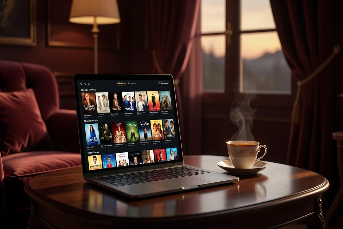 Salon cosy avec télévision allumée, soirée streaming films français