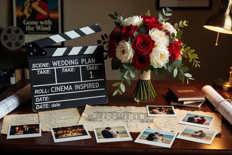 Préparation de mariage inspirée du cinéma, clap de tournage et fleurs de mariée sur une table