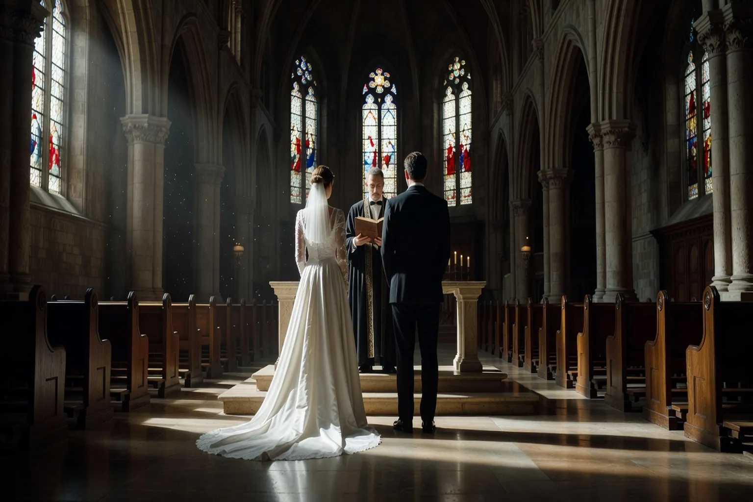 Scène de cérémonie de mariage filmée en cinémascope, lumière de cinéma