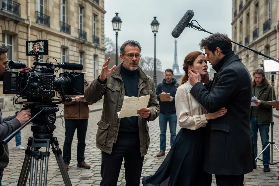 Réalisateur de film dirigeant une scène de couple à Paris, caméra de cinéma, tournage professionnel