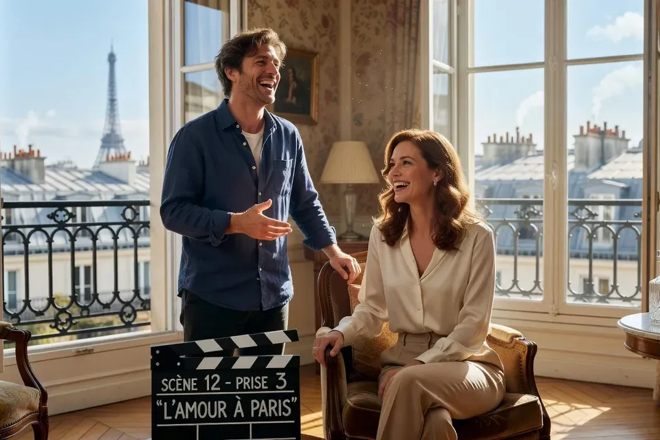 Couple français dans une scène de comédie romantique, appartement parisien, lumière naturelle