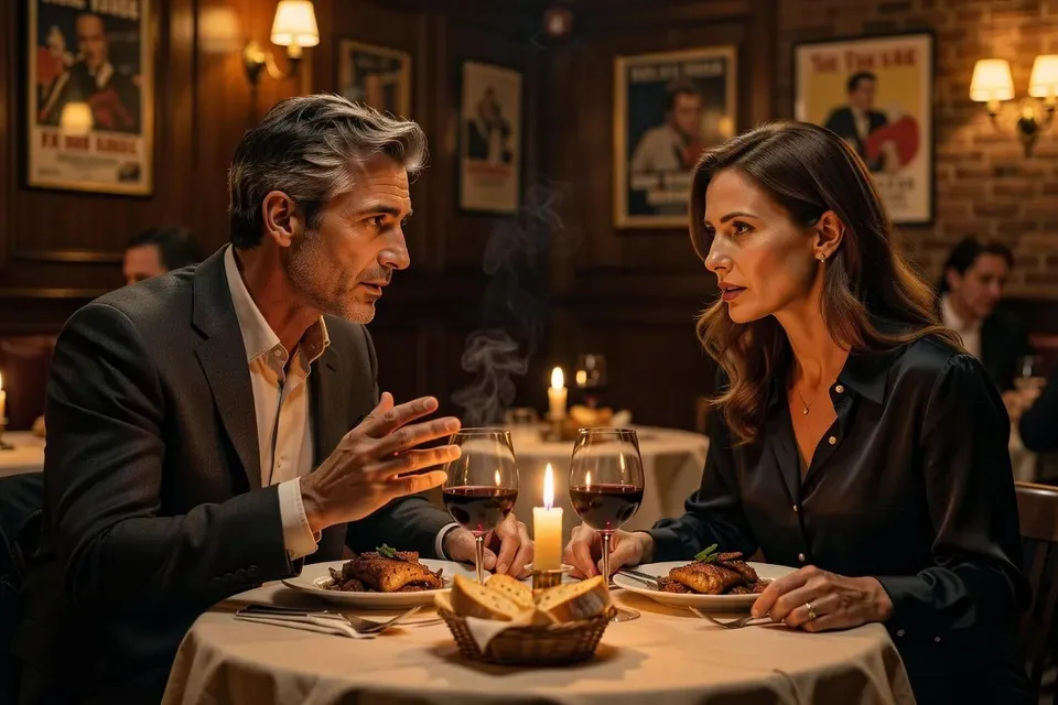 Couple français dans une scène de dîner au restaurant, lumière bougie, atmosphère cinématographique