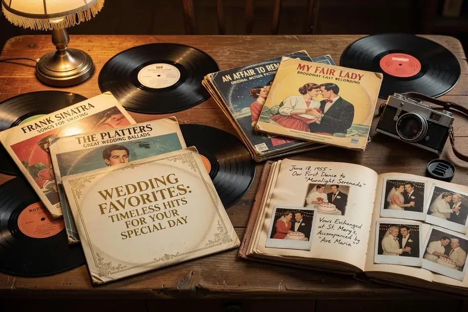 Collection de vinyles et bandes originales de films romantiques, décoration vintage