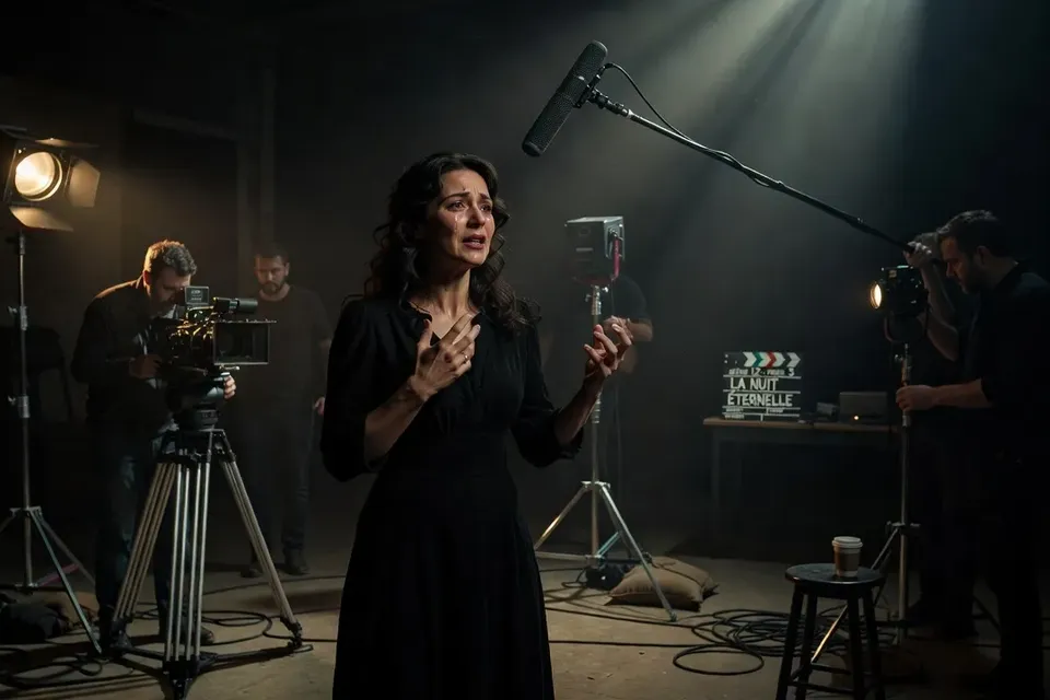 Scène de cinéma français iconique, actrice en monologue émotionnel, atmosphère dramatique