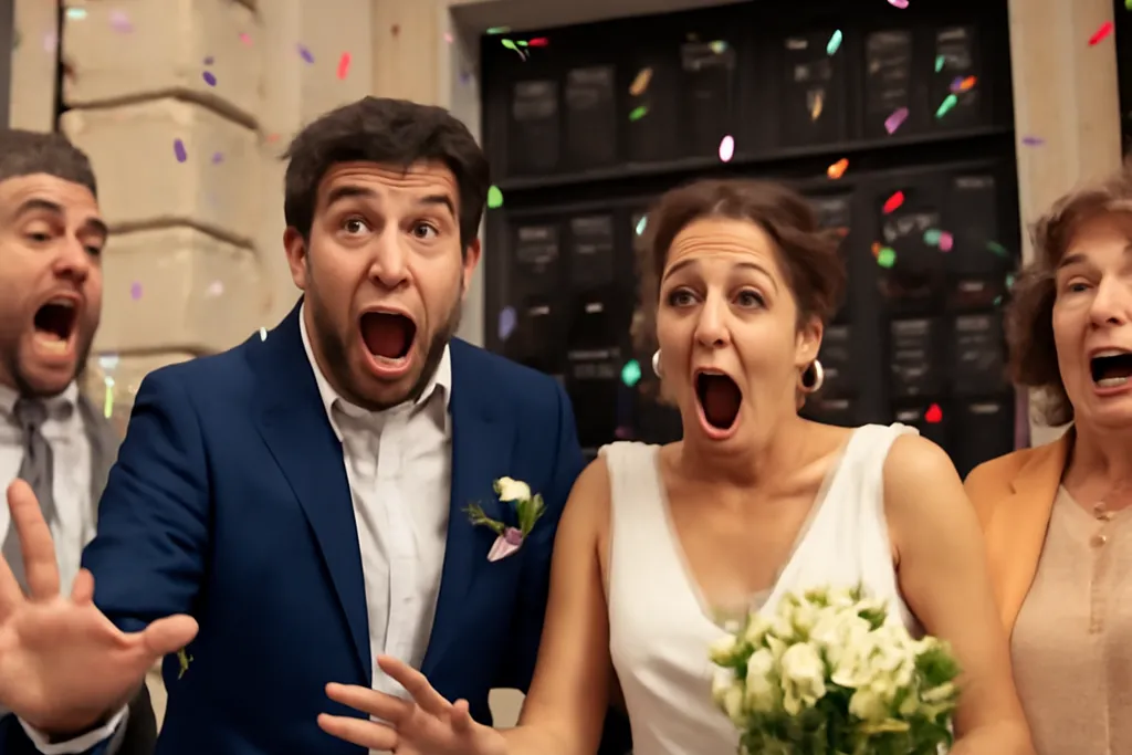 Acteurs de cinéma français en scène de mariage comique, salle de réception