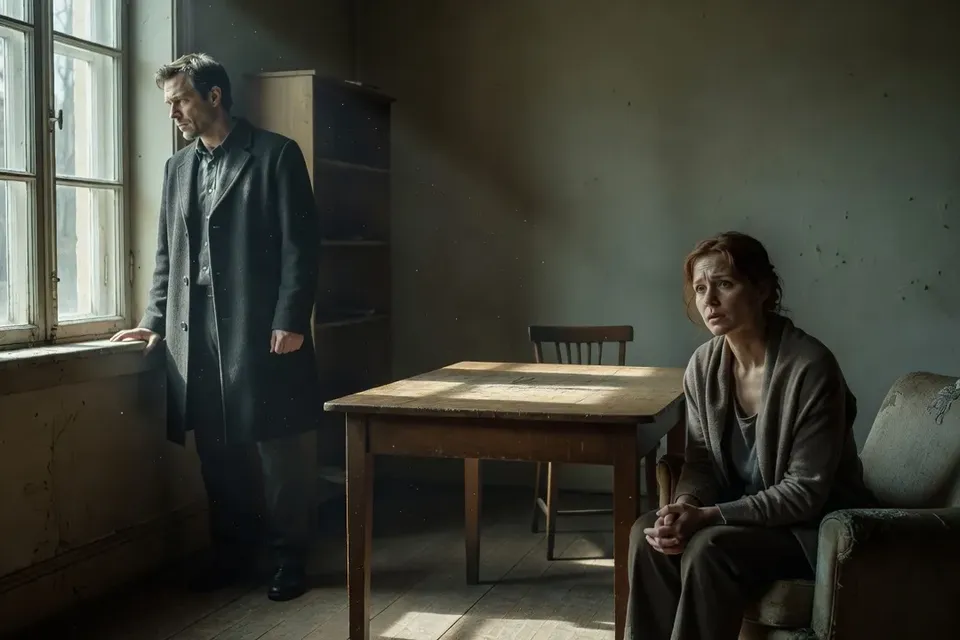Scène cinématographique de couple à la croisée des chemins, lumière dramatique naturelle