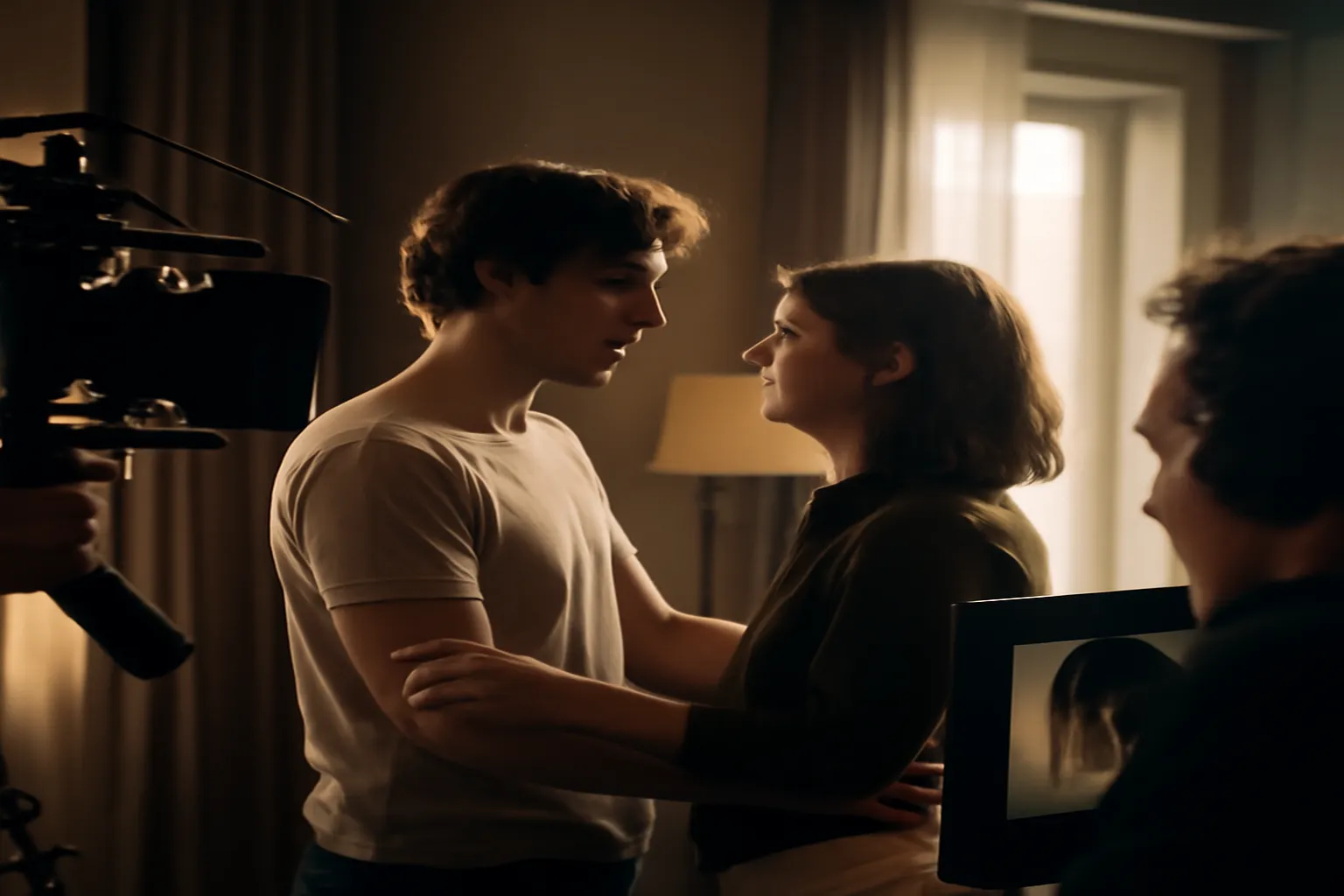 Plateau de cinéma français, actrice dans une scène de couple, lumière dramatique