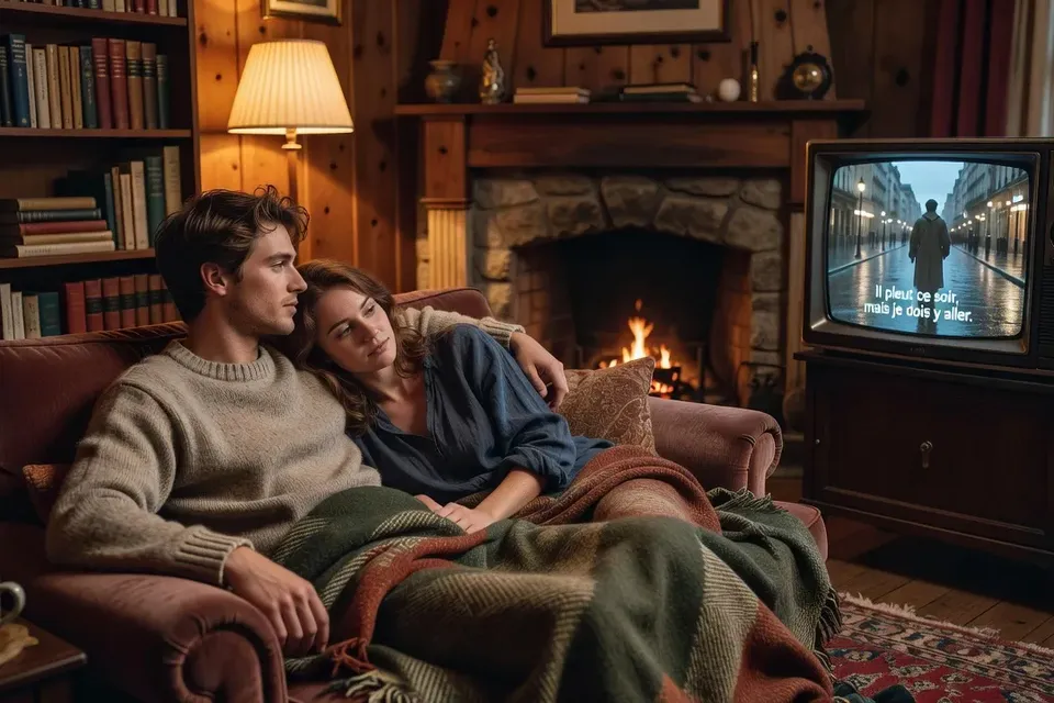 Couple regardant un film romantique français, intérieur cosy, lumière douce projecteur