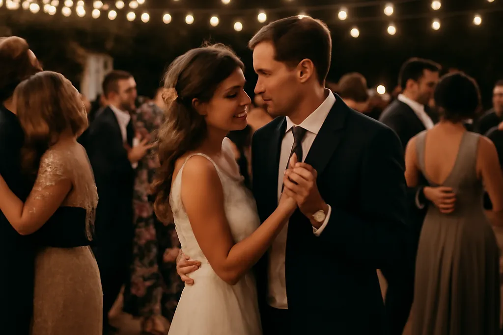 Couple dansant sur une chanson française lors d'un mariage, scène de film