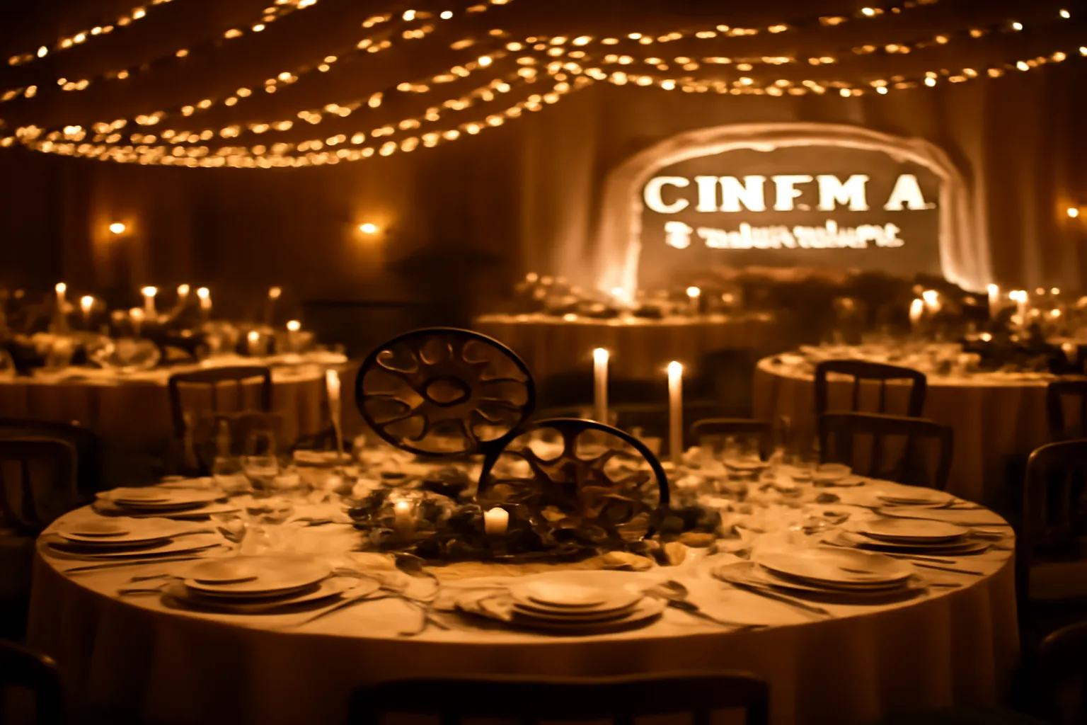 Décoration de mariage inspirée du cinéma, projecteur vintage et guirlandes lumineuses, atmosphère romantique