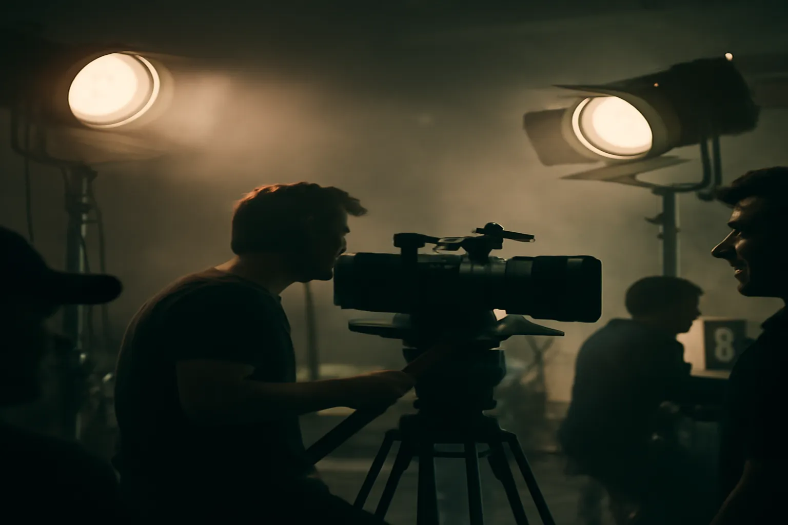 Plateau de cinéma avec lumières de studio et équipement de tournage