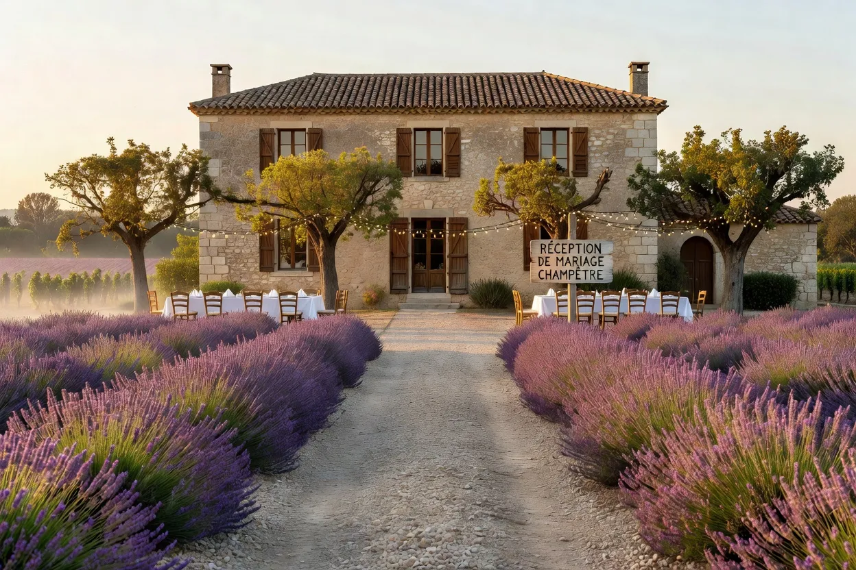 Vignoble de Provence au petit matin, allée bordée de lavande menant à une bastide