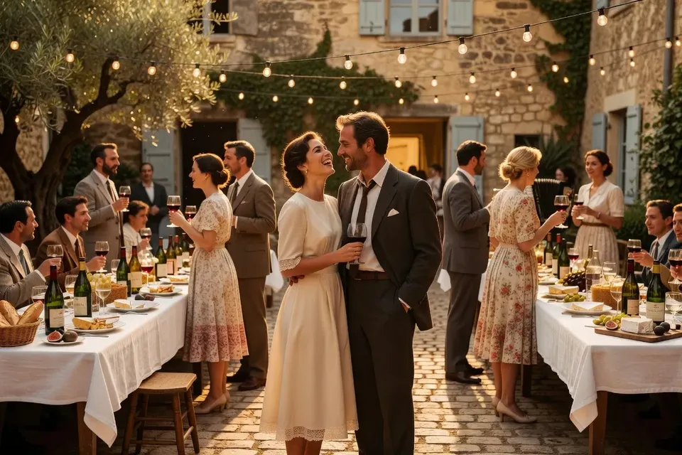 Réception de mariage classique au cinéma français, composition romantique, heure dorée