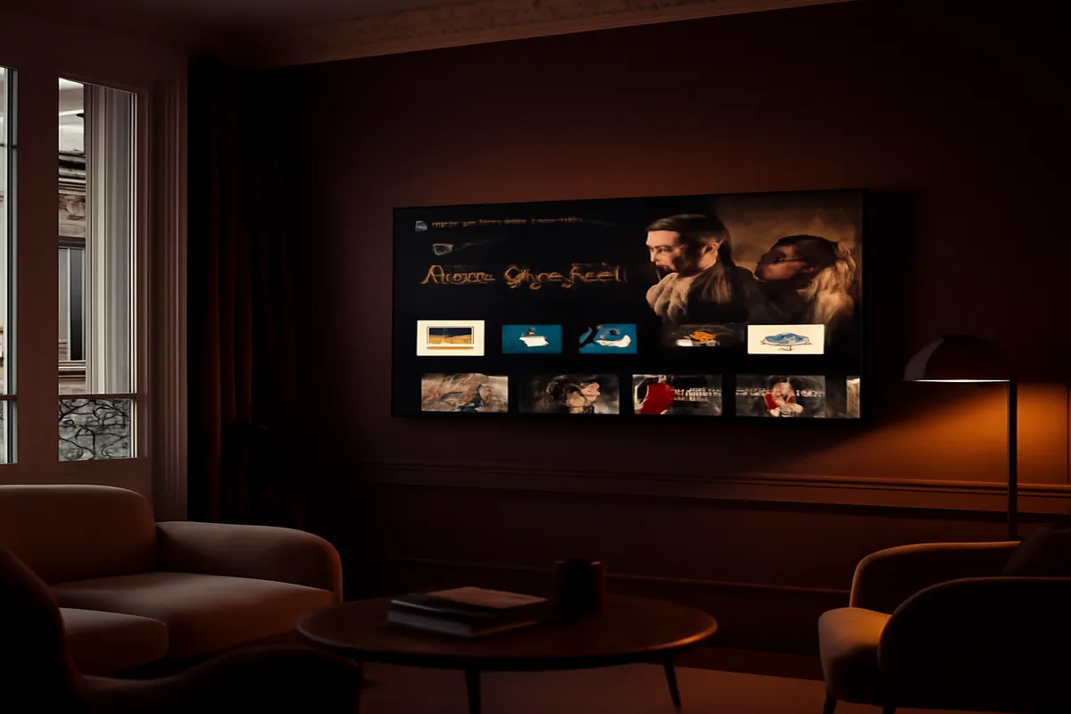 Écran de télévision avec interface de plateforme de streaming, ambiance soirée