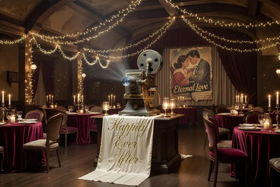 Lieu de mariage décoré avec des inspirations cinéma, guirlandes lumineuses et projecteur vintage