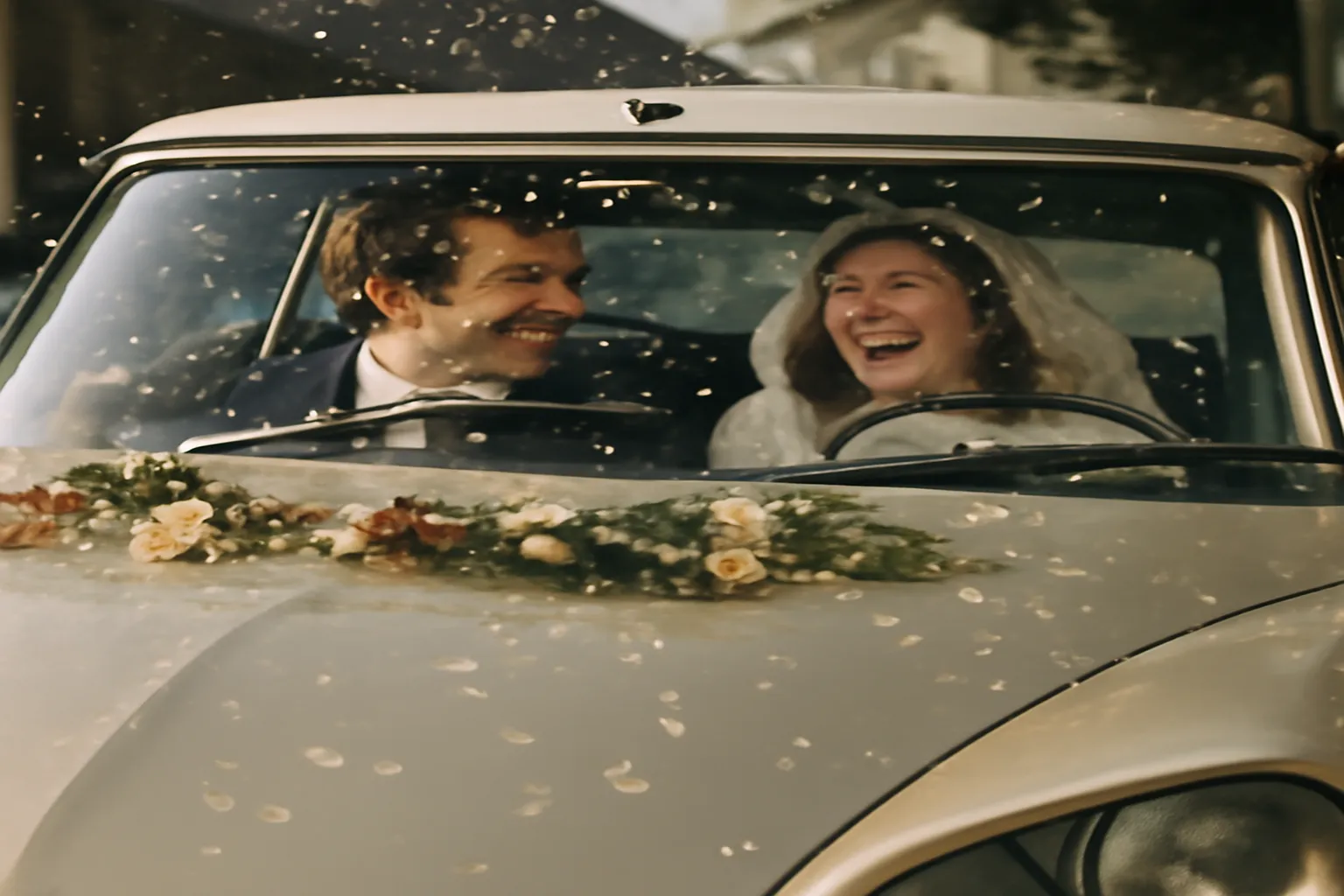 Couple de mariés au cinéma, tenue années 1970, lumière dorée