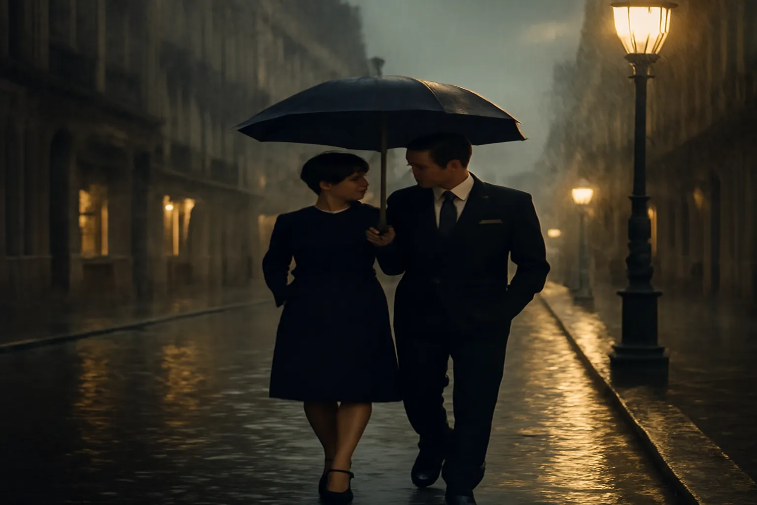 Scène romantique de cinéma français années 60-70, couple sous la pluie
