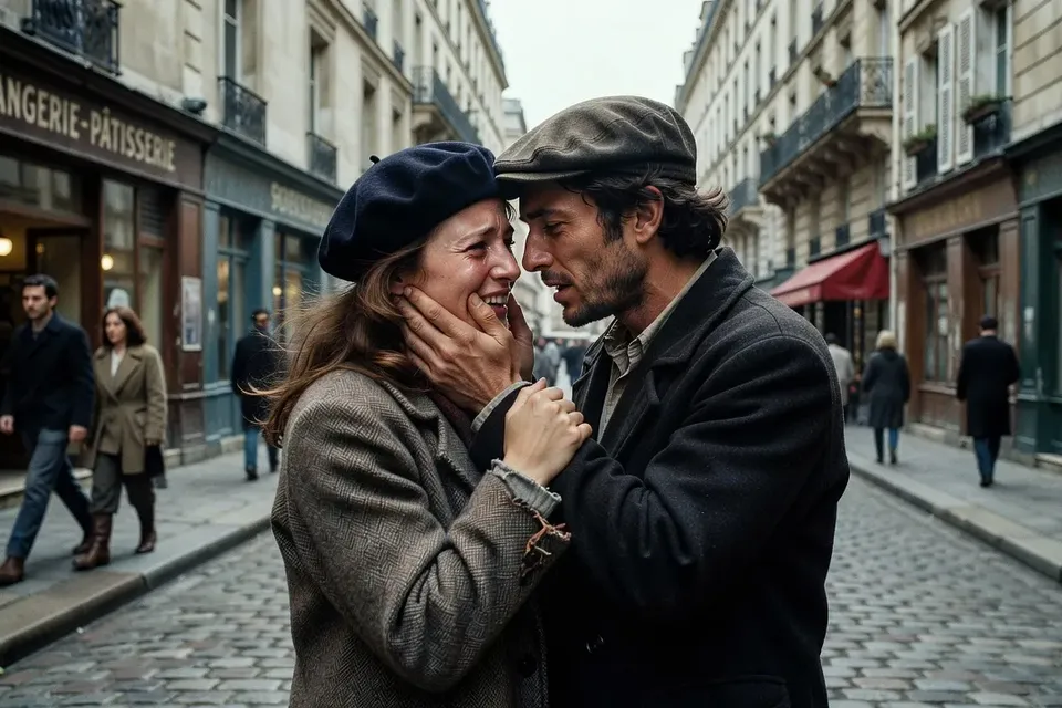 Tournage cinéma véritéd'un couple parisien, caméra portée à l'épaule, émotion authentique